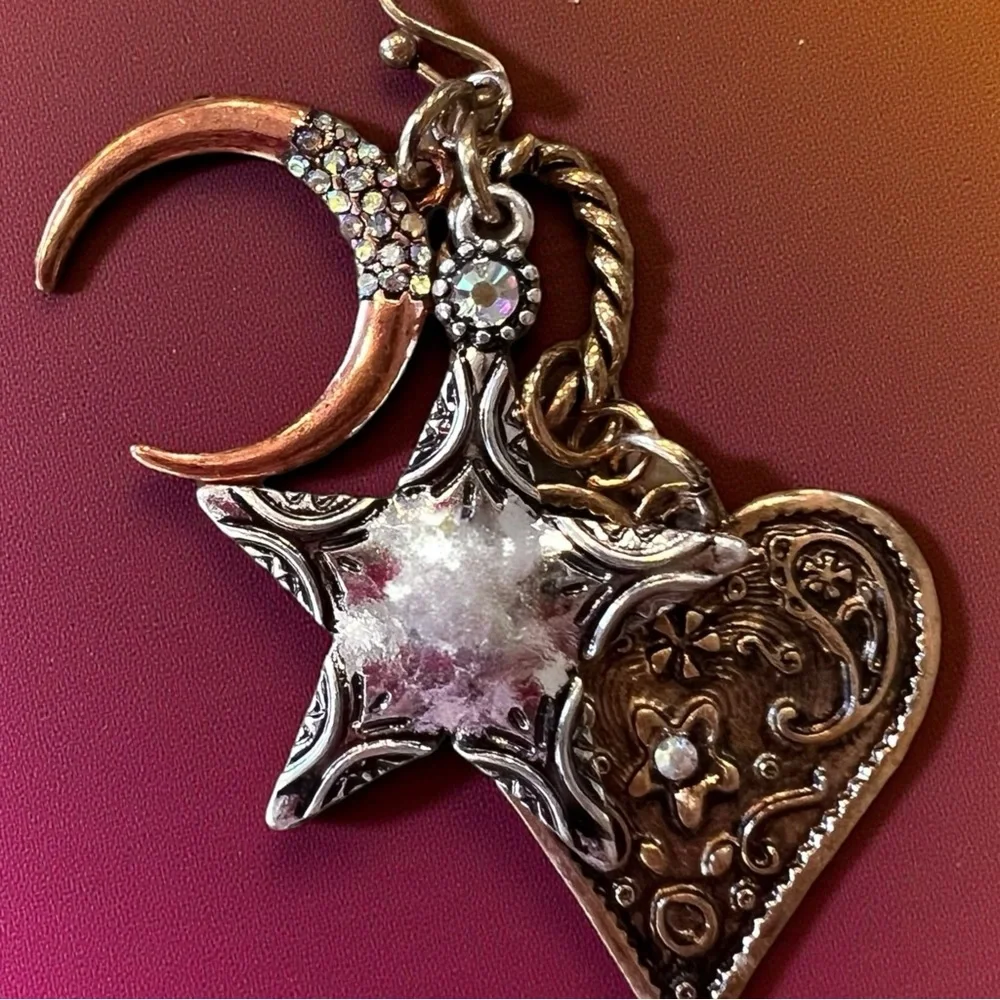 Boho Silver, Copper, and Bronze Toned Star and Heart Earrings Celestial Witchy